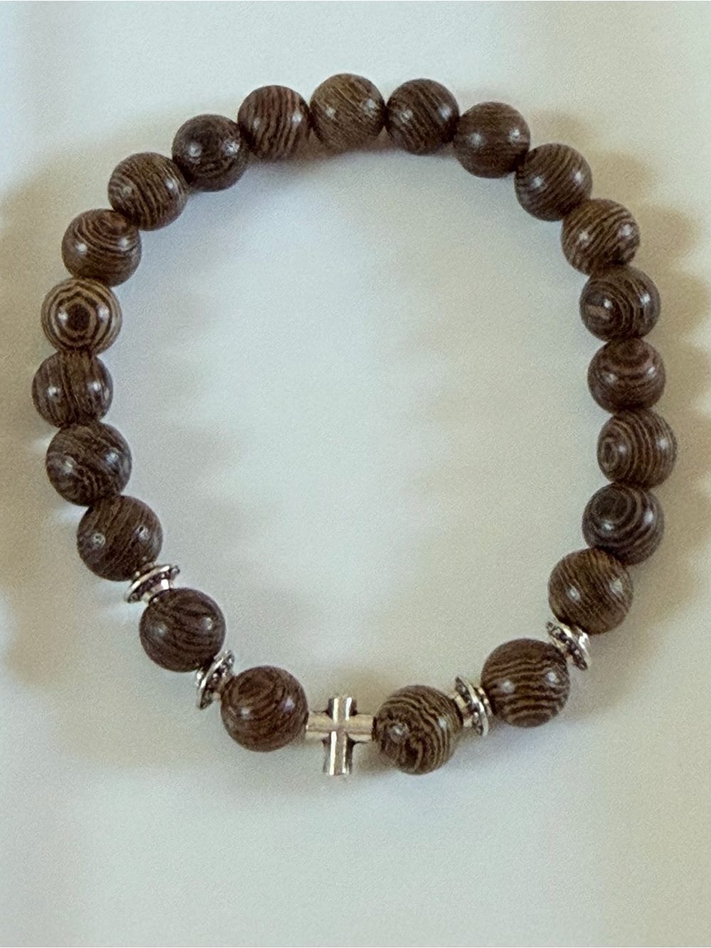 Brown Wood Bead Stretch Bracelet with Silver Cross Accent